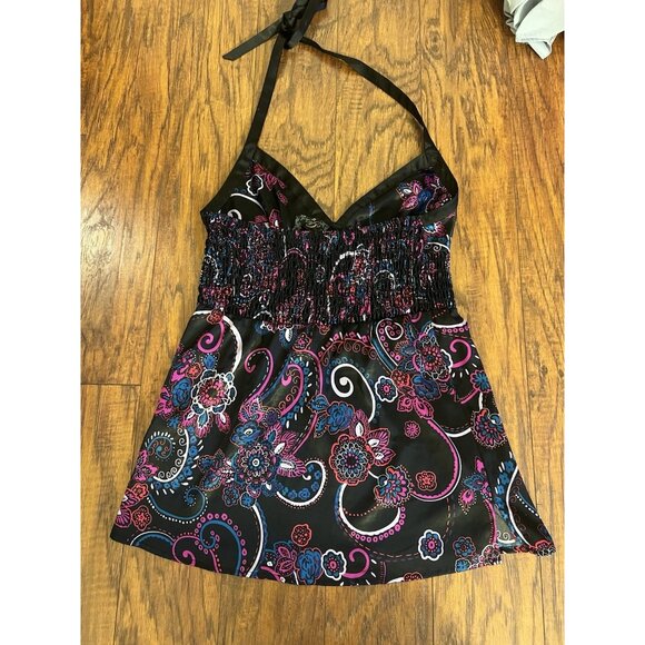 Vintage Y2K Guess Medium Black Pink Silky Floral Halter Top Blouse Festival - Picture 2 of 8